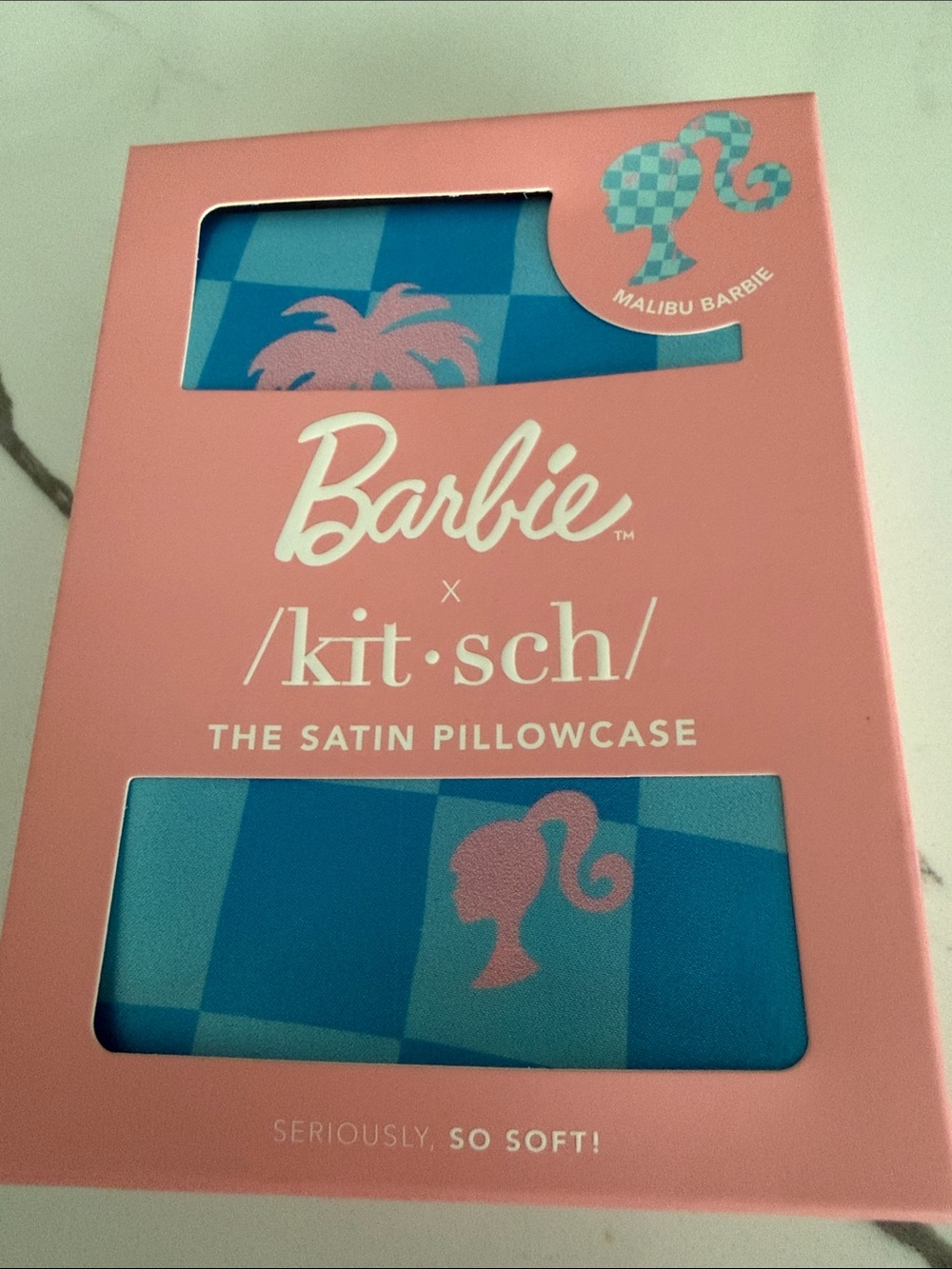 Kitsch x Barbie Satin Pillowcase in Pink & Blue Malibu Motif